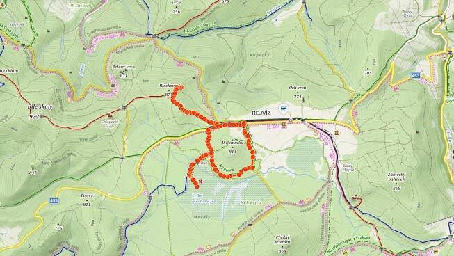 Mapa výletu k Velkému mechovému jezírku na Rejvízu