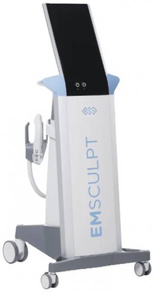 A medical device labeled "BTL Emsculpt," featuring a screen and handheld component, is mounted on a wheeled base. This unit is ideal for those in the market for used aesthetic lasers or seeking to upgrade their equipment.