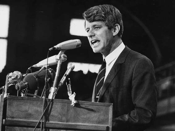 Senator Robert Kennedy speaking at an election rally in 1968.
