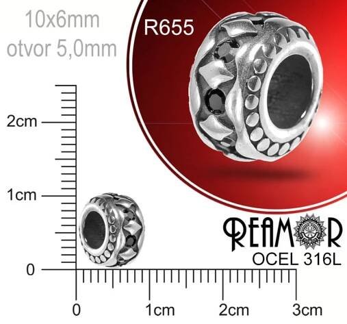 Korálek s kamínky po obvodu Reamor CHIRURGICKÁ OCEL ozn.-R655. Velikost 10x5mm otvor 5,0mm.