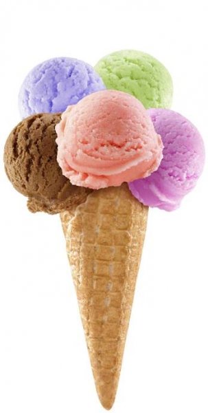 three scoops of ice cream on top of each other in a waffle cone
