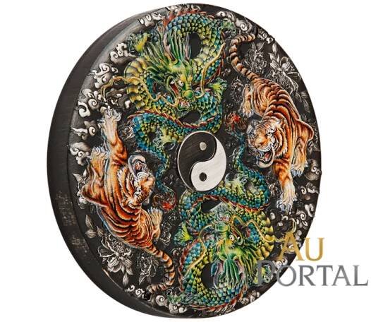 Exkluzivní stříbrná mince 5 Oz Double Dragon and Double Tiger with Yin Yang 2023 (Čínské starověké mýtické bytosti) Color Antique