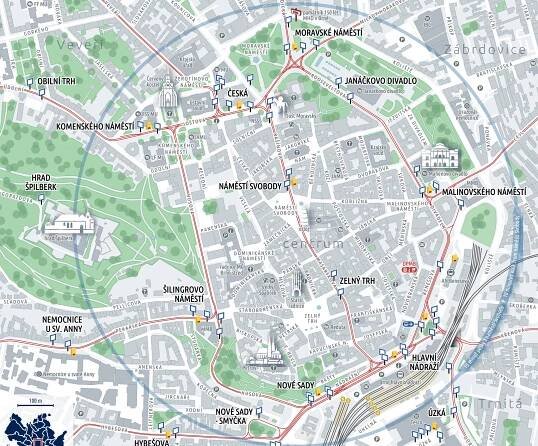 Centrum Brna a mapa linek MHD