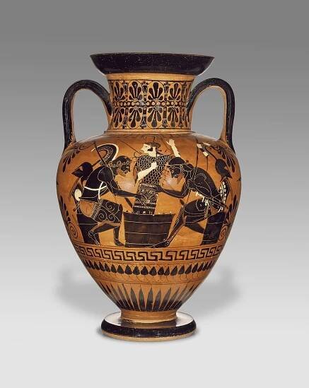 Achilles and Ajax playing a board game overseen by Athena, Attic black-figure neck amphora, c. 510 BC