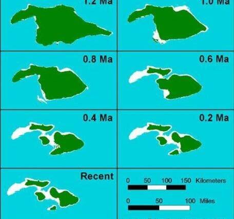 Maui Nui submergence history, showing extent of Maui Nui landmass at different times