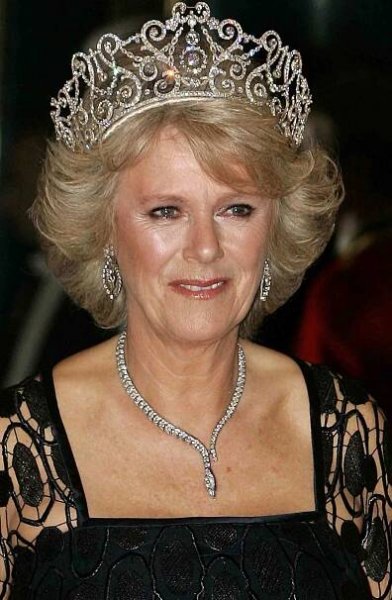 Camilla Duchess of Cornwall wears a Royal heirloom diamond tiara, necklace and earrings, at a banquet in Buckingham Palace on October 25, 2005 in London