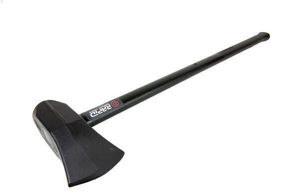 A black shovel with long handle on top of it.