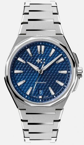 a steel watch with a blue dial