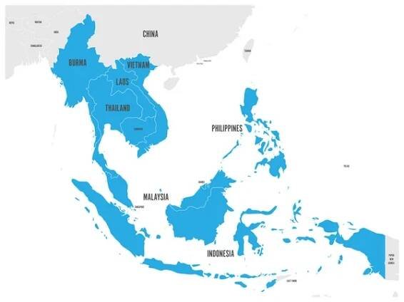 Hospodářské společenství ASEAN, Aec, mapu. Šedý mapu s modře zvýrazněné členskými zeměmi, jihovýchodní Asie. Vektorové ilustrace — Ilustrace