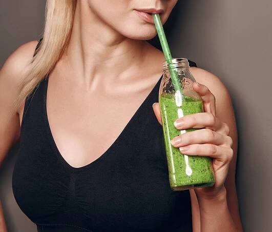 Girl Black Sports Top Holds Jar Vegetable Smoothies Her Hands