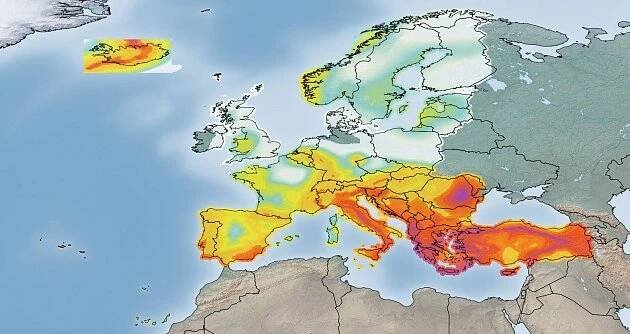 Mapa rizika zemětřesení v Evropě. Čím výraznější oblast, tím je větší možnost silnějších otřesů.