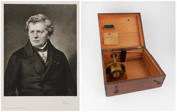 Photogravure portrait of Georg Simon Ohm alongside a colour photograph of a standard one ohm resistor circa1883