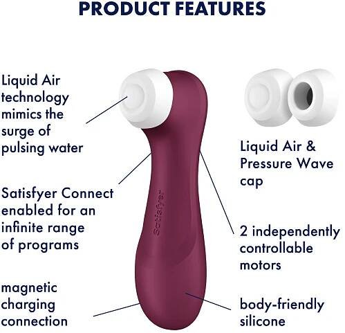 The Satisfyer Pro 2 - Generation 3 against a white background with a bullet list of different features and arrows pointing at the spots on the toy with the features. The text reads: "Product Features: Liquid Air technology mimics the surge of pulsing water. Satisfyer Connect enabled for an infinite range of programs. Magnetic charging connection. Liquid Air & Pressure Wave cap. 2 Independently controllable motors. Body-friendly silicone." | Kinkly Shop