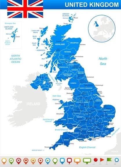 Velká Británie mapa, vlajka a navigační ikony - ilustrace. — Ilustrace