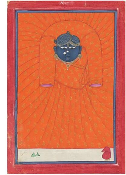 9 Shringar of Shri Nathji for a mangal-darshan during the cold season, Kota, Rajasthan/India, ca. 1820-40. Size (leaf): 21.1x14.5 cm. Private collection. Photo: author. 