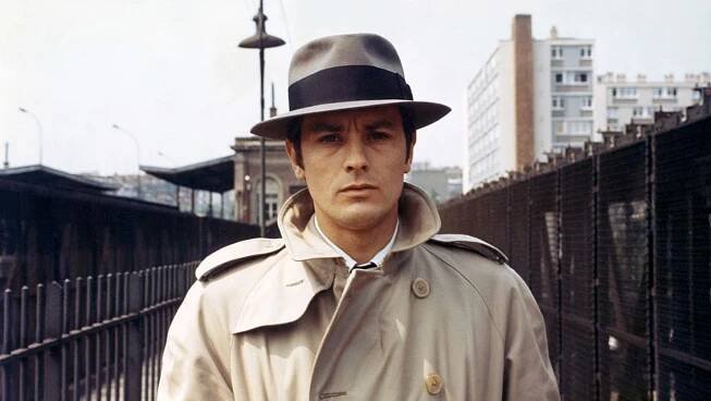 French actor Alain Delon on the set of Le Samourai, written and directed by Jean-Pierre Melville.