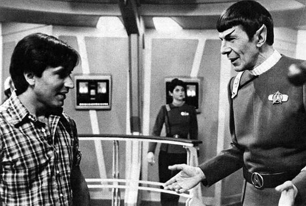 Director Nicholas Meyer, Kirstie Alley and Leonard Nimoy in a behind-the-scenes moment from 1982's Star Trek II: The Wrath of Khan