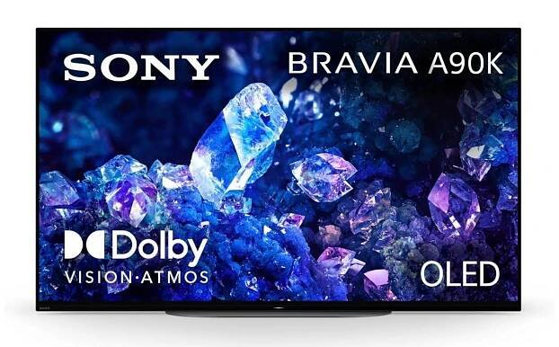 The Sony Bravia A90K OLED TV with blue and purple crystals on the TV
