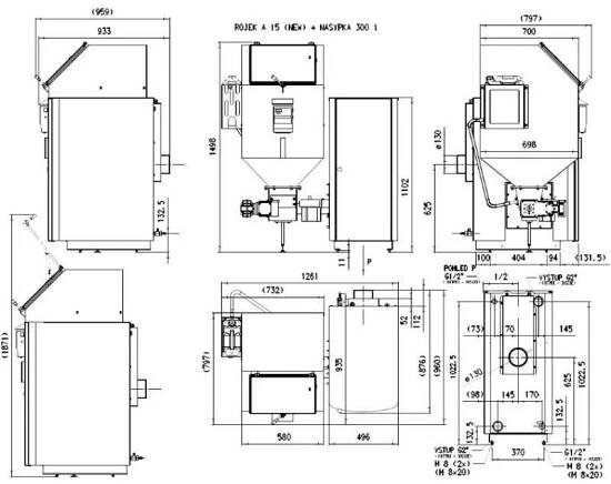 Rojek Kotel na pelety a hnědé uhlí, Ecodesign A 15 U, 15 kW, zásobník 300 l, 5. třída pelety, 4. třída hnědé uhlí, levý