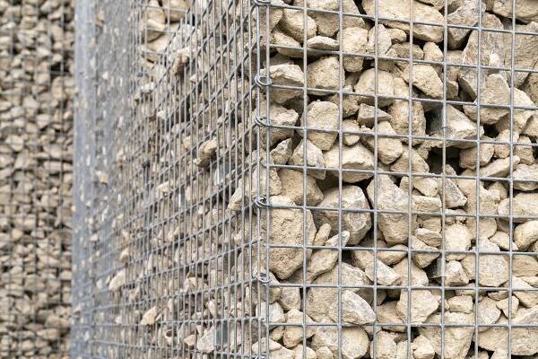 Close-up of a stonebox gabion facade