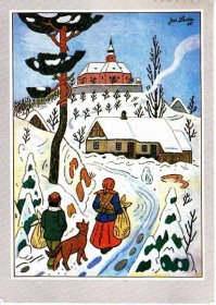 Vánoční - Josef Lada - kolorovaná kresba - prošlá 1990