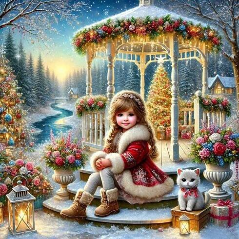 A white gazebo decorated for Christmas