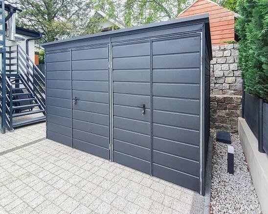 Zahradní domek 3,5x2m 2x Dvoukřídlá vrata-Antracit - střecha spád dozadu Šířka 3.5 m