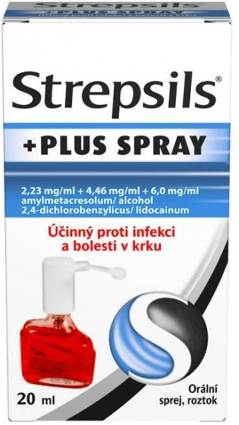 Strepsils Plus Spray 2,23 mg/ml + 4,46 mg/ml + 6,0 mg/ml orální sprej, roztok