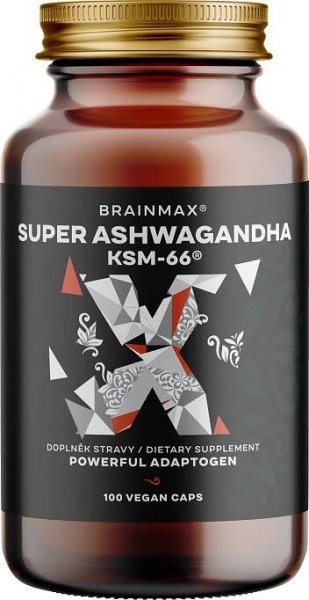 BrainMax Super Ashwagandha extrakt KSM-66®, Ašvaganda extrakt, 100 rostlinných kapslí Patentovaný extrakt ashwagandhy KSM-66® jako podpora duševního zdraví, relaxace a odolnosti organismu vůči stresu, doplněk stravy
