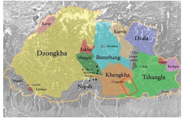 Figure 1: Bjokapakha in the linguistic landscape of Bhutan (map source: George van Driem; adapted by the author).  Bjokapakha represents an endangered variety with approximately 1.500 speakers. Many speakers of the younger generations leave their Bjoka homeland to live in the urban areas where they tend to assimilate to the standard Tshangla variety or other major languages.  Bjokapakha represents an endangered variety with approximately 1.500 speakers. 
