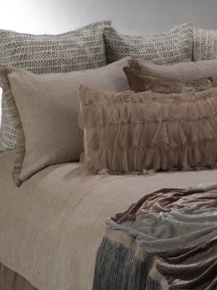 Couture Dreams Whisper Flax/Taupe Linen Woven Shams with Tulle Trim Set of 2