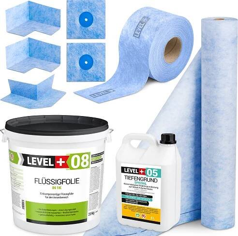 Hydroizolační sada Tekutá fólie 20kg Těsnicí páska 15mb Základní nátěr 5L Rohož 1mb Level+ SET39