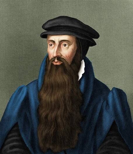 Portrait of John Knox with a long, flowing brown beard, wearing a black cap and a vivid blue robe draped over his shoulders. His gaze is direct and contemplative, with deep-set eyes. The backdrop is a muted green texture.