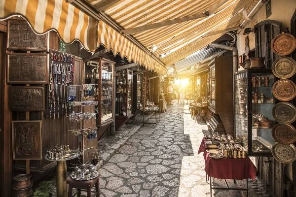 The city's Turkish influence can be seen in the bazaar, with traditional coffee, clothes and rugs among the many stalls