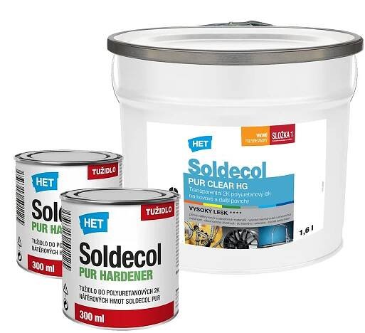 HET Soldecol PUR CLEAR HG transparentní 2K polyuretanový lesklý lak na kovové a nekovové povrchy - 0.7 l (0.5 l lak + 2 x 0.1 l tužidlo)