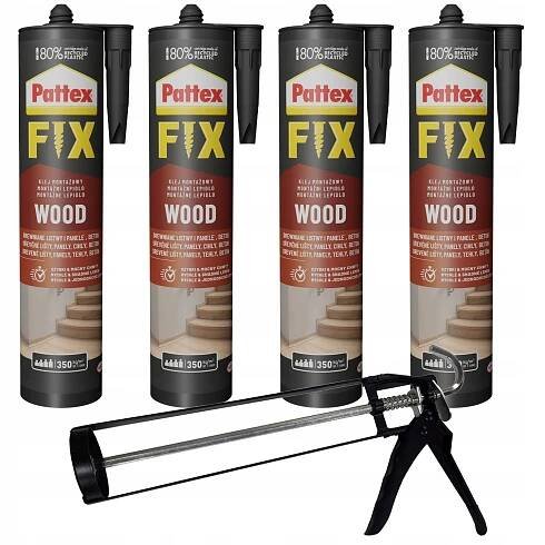 4x MONTÁŽNÍ LEPIDLO PATTEX FIX DŘEVO 400G VODĚODOLNÉ + PISTOLE NA KARTUŠE