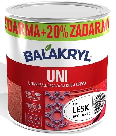 BALAKRYL Univerzální barva na kov a dřevo UNI LESK 1000 bílá 0,7 kg + 20 %ZDARMA
