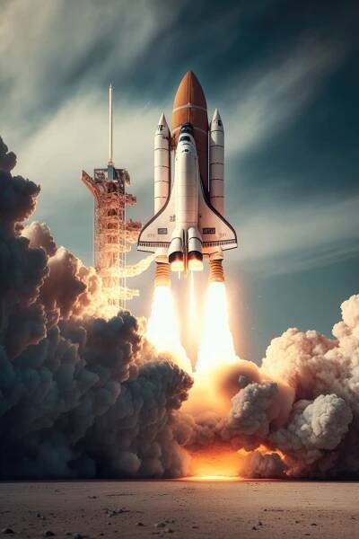 An animated rocket blasting off.