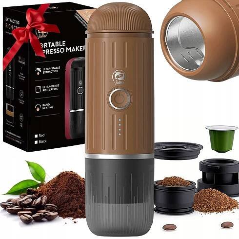 TURISTICKÝ KÁVOVAR V MLETÉ KAPSLI S OHŘEVEM 100 W, HNĚDÝ