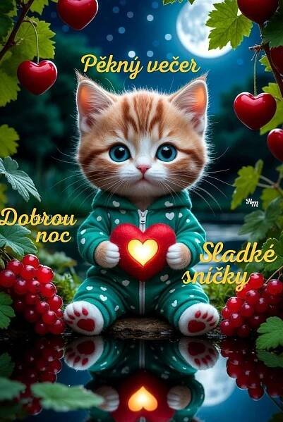 an orange and white kitten holding a heart sitting on top of a table next to berries