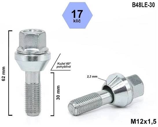 Kolový šroub M12x1,5x30 plovoucí kužel, klíč 17, B48LE-30, výška 62 mm od 70 Kč - Heureka.cz
