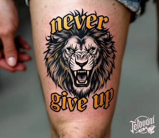 Tetování zvíře lev s nápisem never give up na stehno | Tetovani.cz