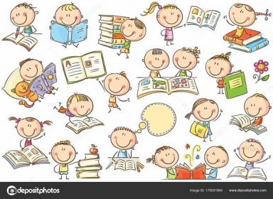 Stáhnout - Legrační doodle děti s knihami v různých pózách. Žádné přechody lze snadno tisknout a upravovat. Vektorové soubory lze nastavit na libovolnou velikost. — Ilustrace