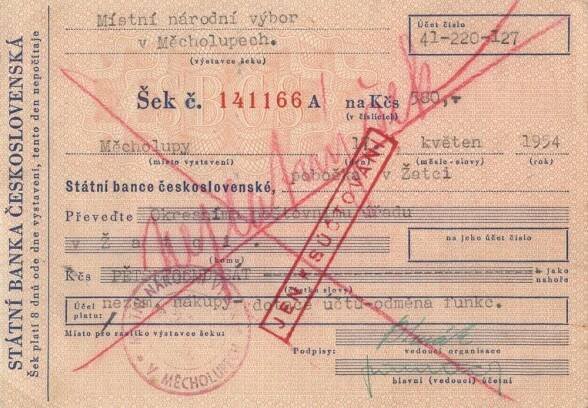Vyplněný zúčtovací soukromý šek Státní banka československá SBČS, série A, 1954