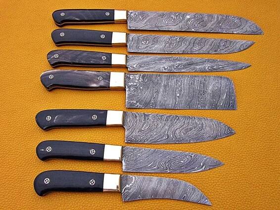 7 pieces Custom made hand forged Damascus steel full tang blade kitchen knife set, Over 75 inches Length of Damascus sharp knives (15+14+13.5+12+11+10+9) Inches, Cow hide Leather sheath - Damacus Depot, Inc.