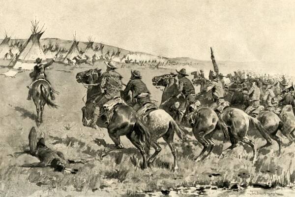 At the start of the Battle of Antelope Hills, Comanche headman Pohebits Quasho rode out to meet the Rangers. He was nicknamed “Iron Jacket” for the Spanish armor he wore and his people believed he was invincible. When the Rangers shot and killed him at close range and then went on to overwhelmingly defeat the Comanches, it was a morally devastating loss for the American Indians. This painting by Frederic Remington depicts the Texas Rangers charging the Comanche village at Little Robe Creek, as described to Remington by Texas Ranger Colonel “Rip” Ford. 