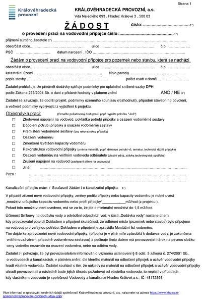 Formuláře, Žádosti - Královéhradecká provozní, a.s.