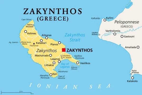 zakynthos, také známý jako zykinthos nebo zante, řecký ostrov, politická mapa - zakynthos stock ilustrace
