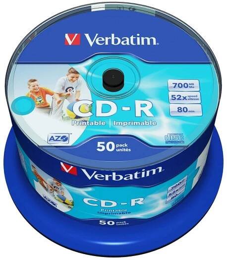 VERBATIM CD-R(50 ks)Spindle/Inkjet Printable/52x/700MB bez loga - Smarty.cz