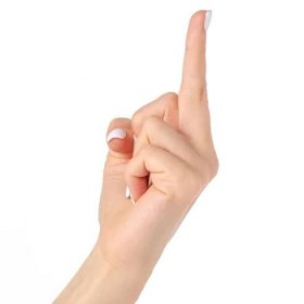 Ženské ruce ukazovat prostředníček na bílém pozadí izolace — Stock obrázek